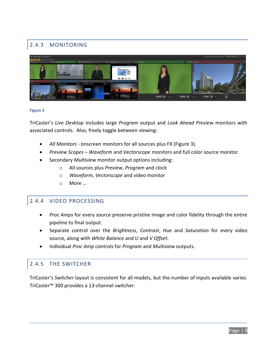 3 monitoring, 4 video processing, 5 the switcher | Monitoring, Video processing, The switcher | NewTek TriCaster 300 User Manual | Page 25 / 328