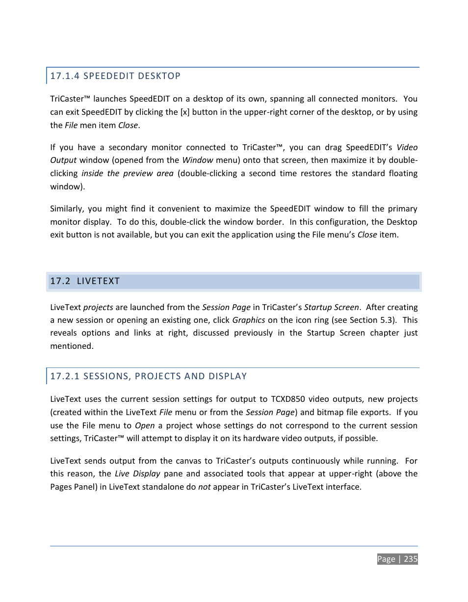 4 speededit desktop, 2 livetext, 1 sessions, projects and display | Speededit desktop, Livetext, Sessions, projects and display | NewTek TriCaster 300 User Manual | Page 251 / 328