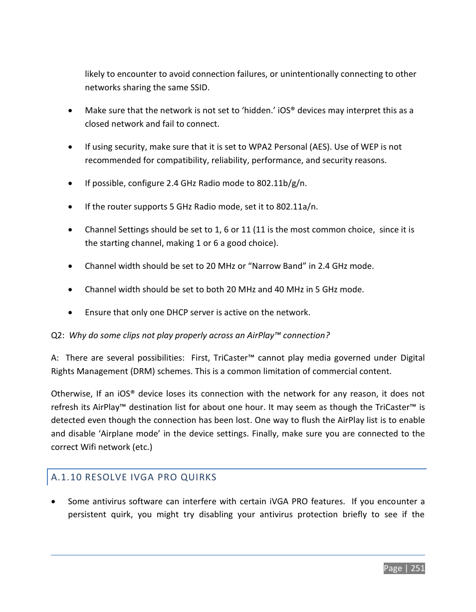 A.1.10 resolve ivga pro quirks, A.1.10, Resolve ivga pro quirks | NewTek TriCaster 300 User Manual | Page 267 / 328