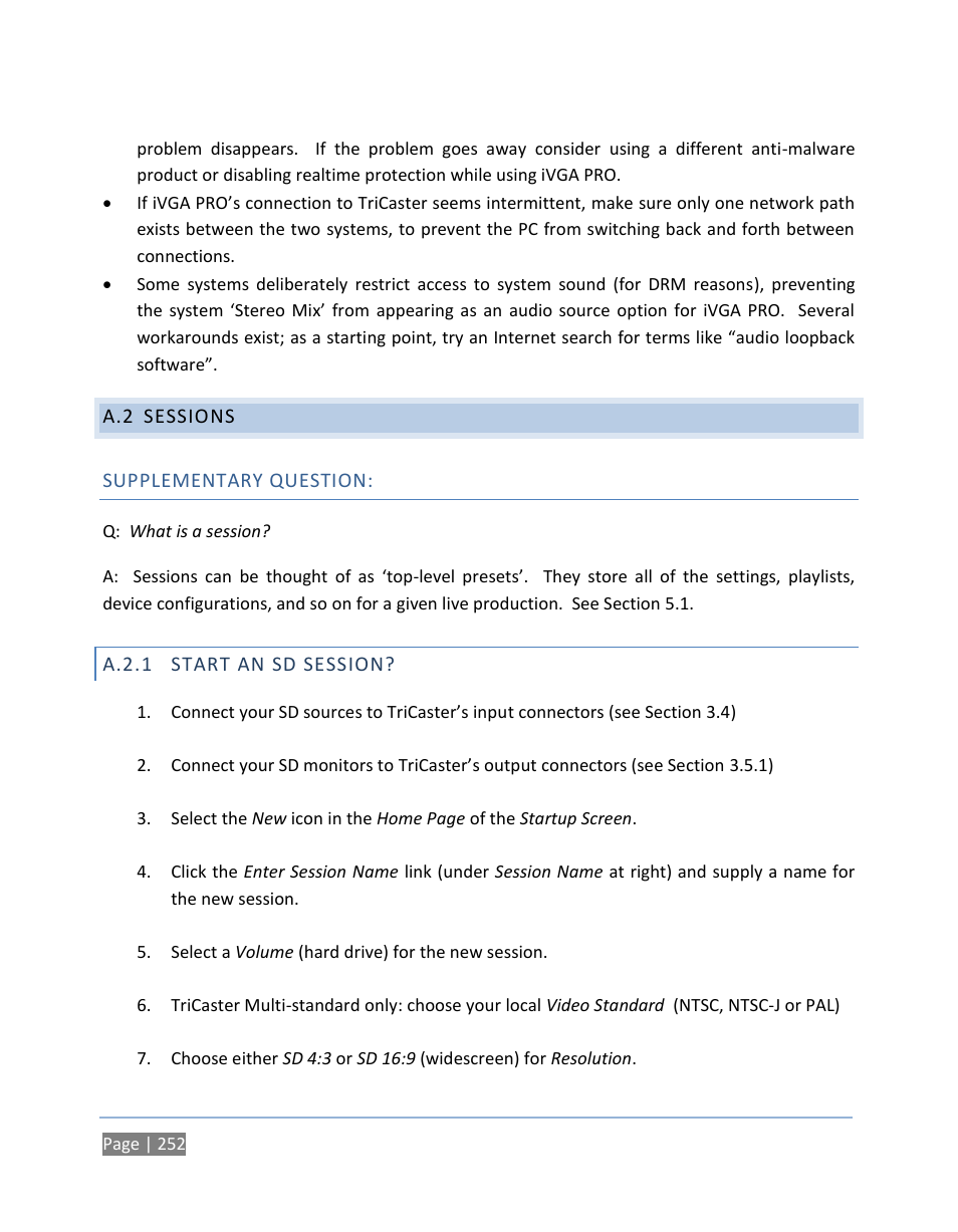 A.2 sessions, Supplementary question, A.2.1 start an sd session | Sessions, A.2.1, Start an sd session | NewTek TriCaster 300 User Manual | Page 268 / 328