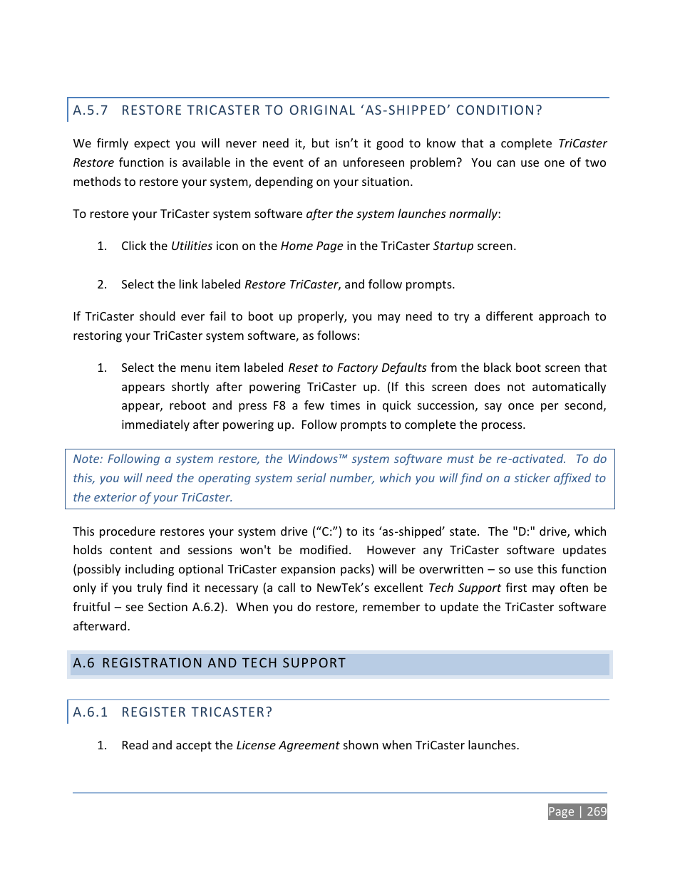 A.6 registration and tech support, A.6.1 register tricaster, A.5.7 | Registration and tech support, A.6.1, Register tricaster | NewTek TriCaster 300 User Manual | Page 285 / 328