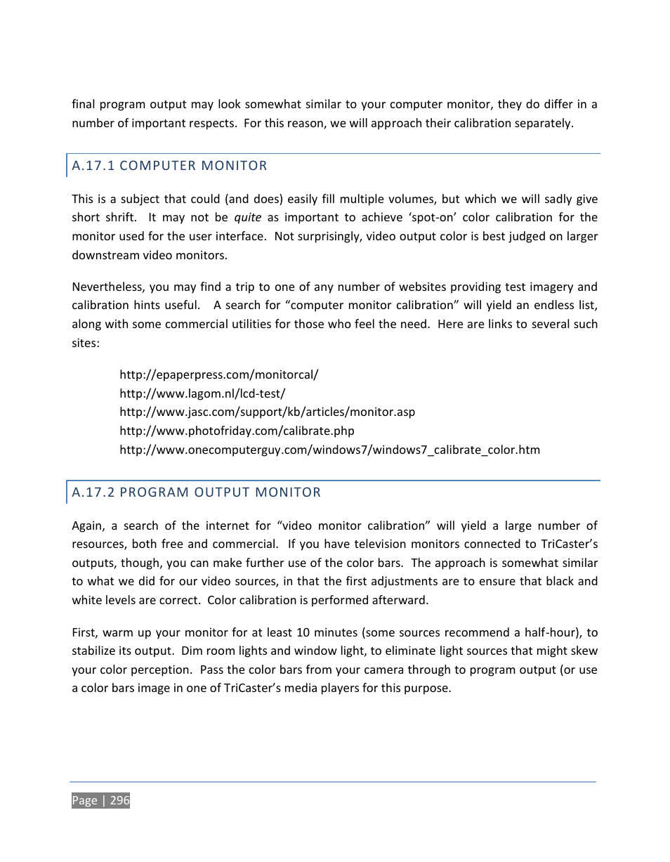 A.17.1 computer monitor, A.17.2 program output monitor, A.17.1 | Computer monitor, A.17.2, Program output monitor | NewTek TriCaster 300 User Manual | Page 312 / 328