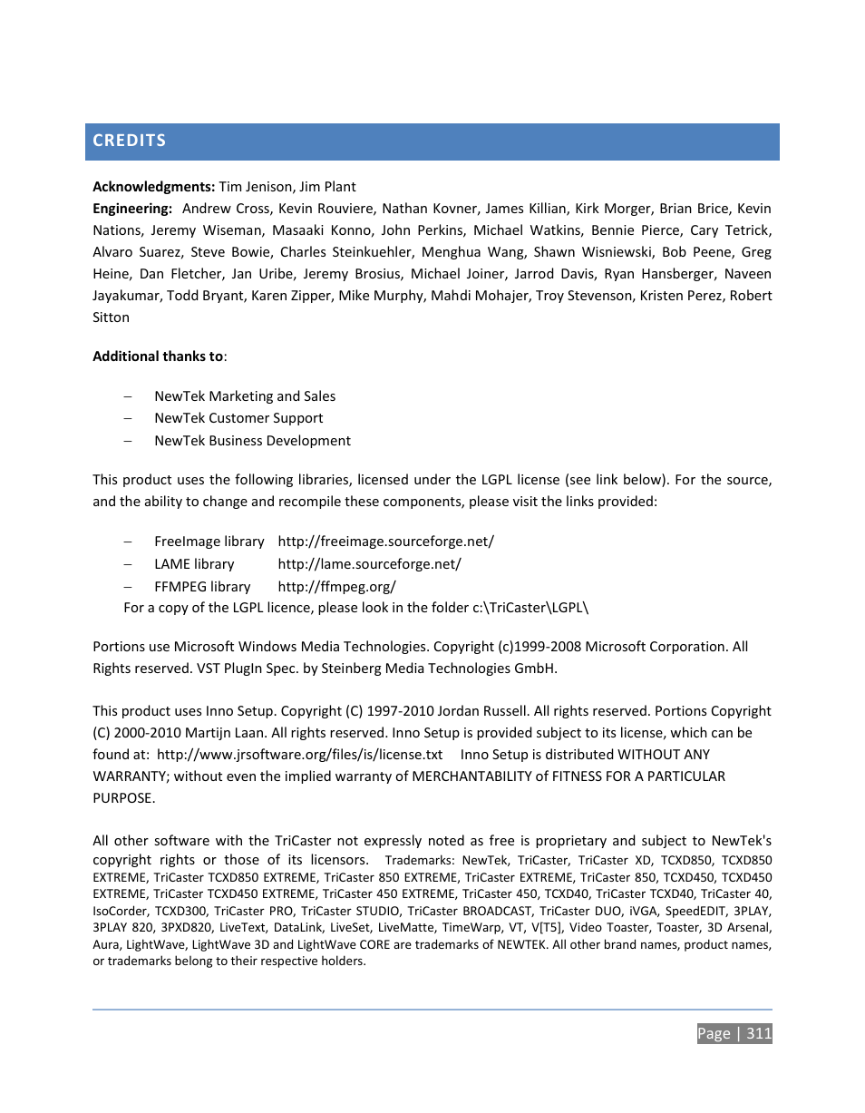 Credits | NewTek TriCaster 300 User Manual | Page 327 / 328