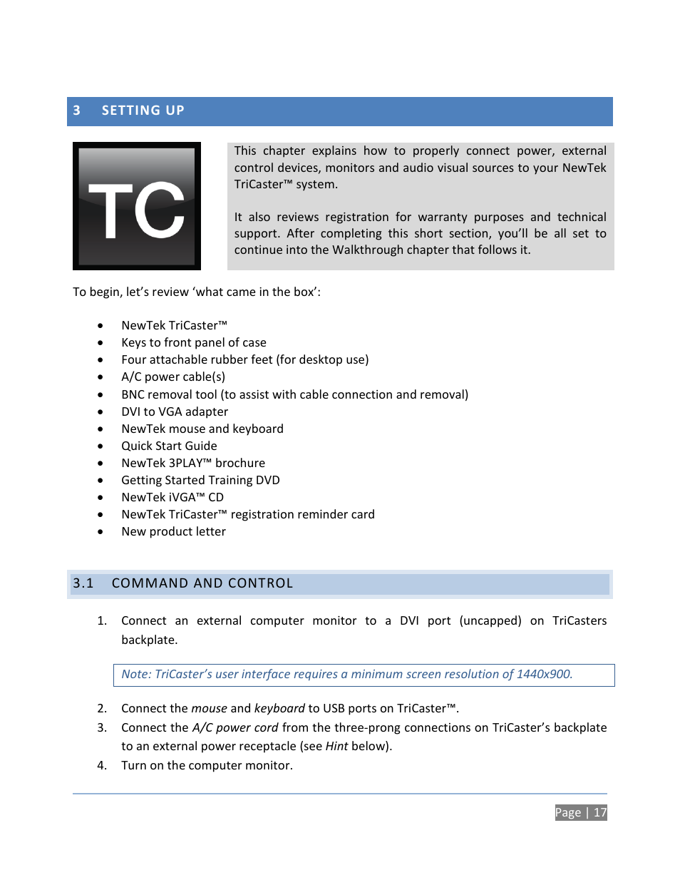 3 setting up, 1 command and control, Setting up | Command and control | NewTek TriCaster 300 User Manual | Page 33 / 328