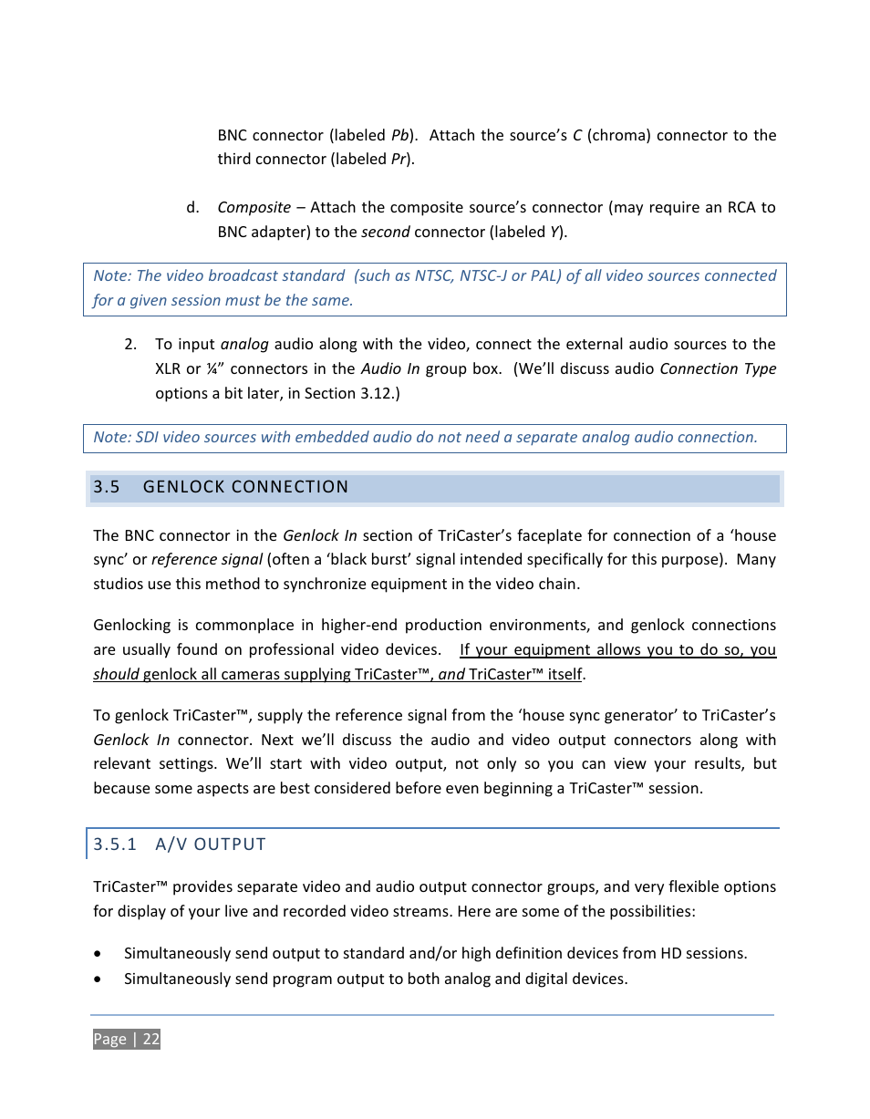5 genlock connection, 1 a/v output, Genlock connection | A/v output | NewTek TriCaster 300 User Manual | Page 38 / 328