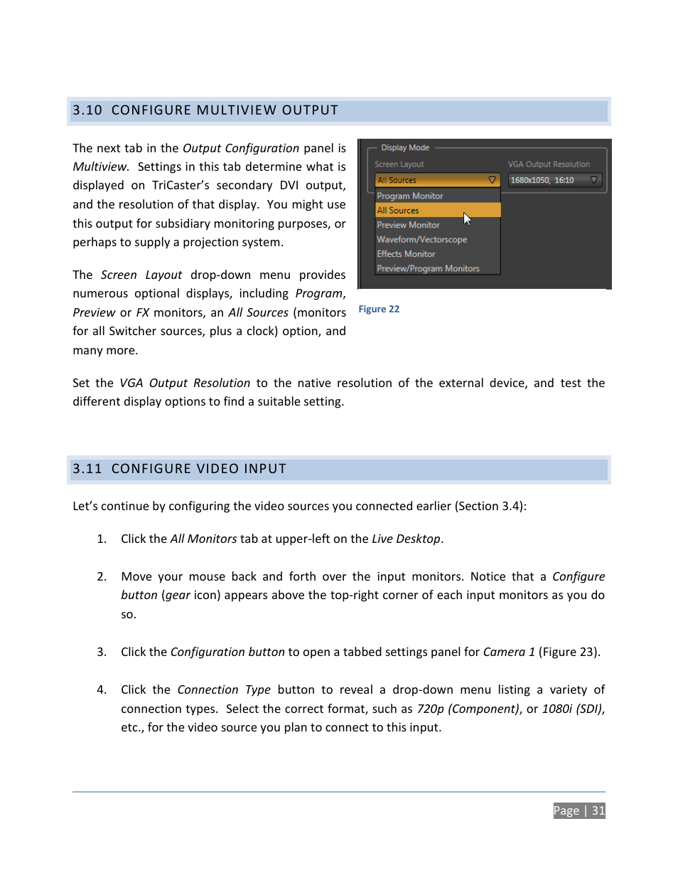 10 configure multiview output, 11 configure video input, Configure multiview output | Configure video input | NewTek TriCaster 300 User Manual | Page 47 / 328