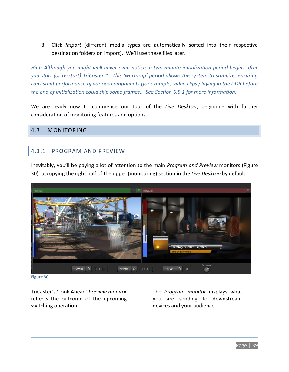 3 monitoring, 1 program and preview, Monitoring | Program and preview | NewTek TriCaster 300 User Manual | Page 55 / 328