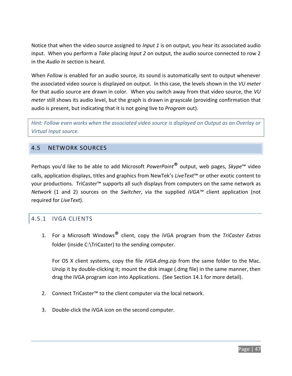 5 network sources, 1 ivga clients, Network sources | Ivga clients | NewTek TriCaster 300 User Manual | Page 63 / 328