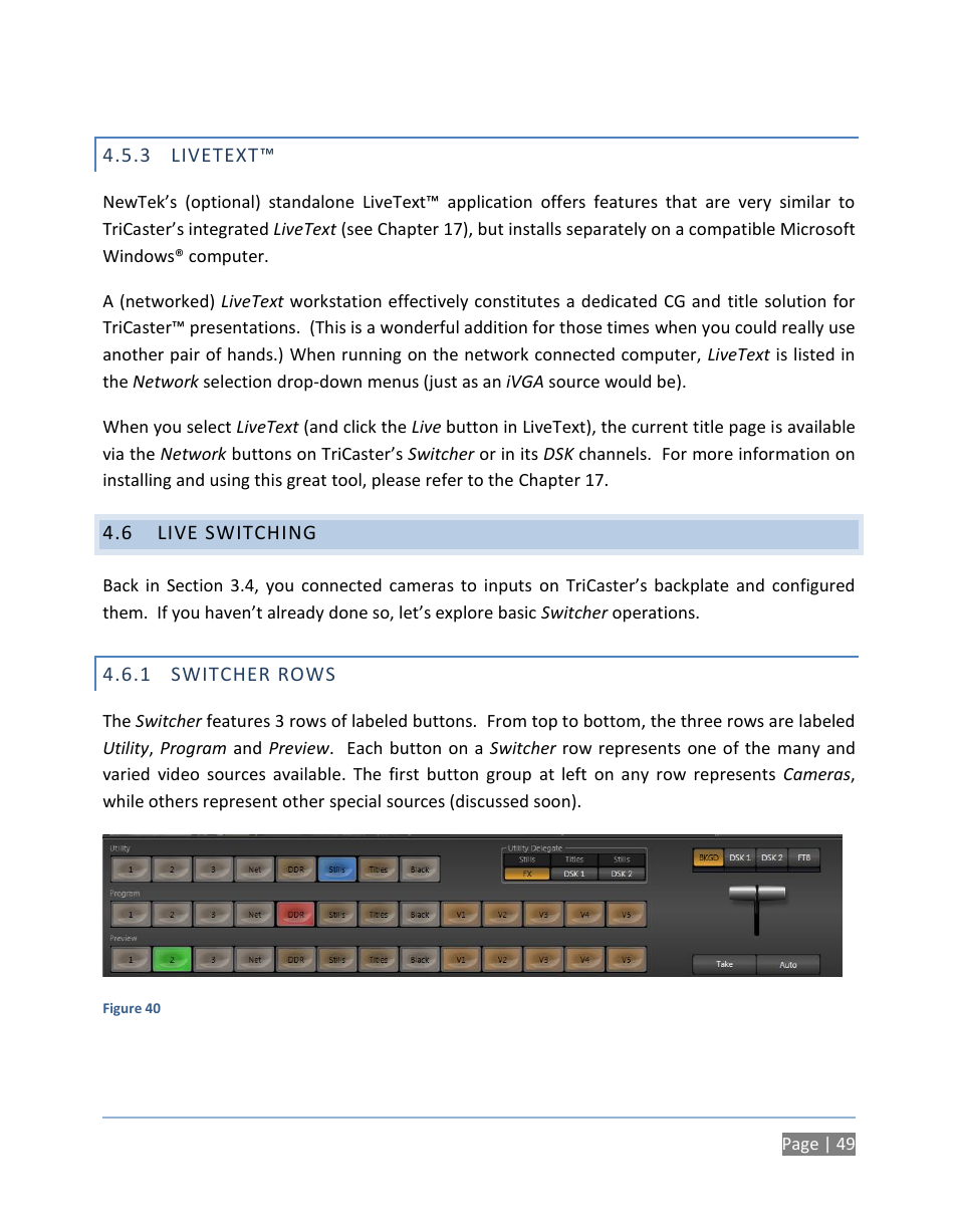 3 livetext, 6 live switching, 1 switcher rows | Livetext, Live switching, Switcher rows | NewTek TriCaster 300 User Manual | Page 65 / 328