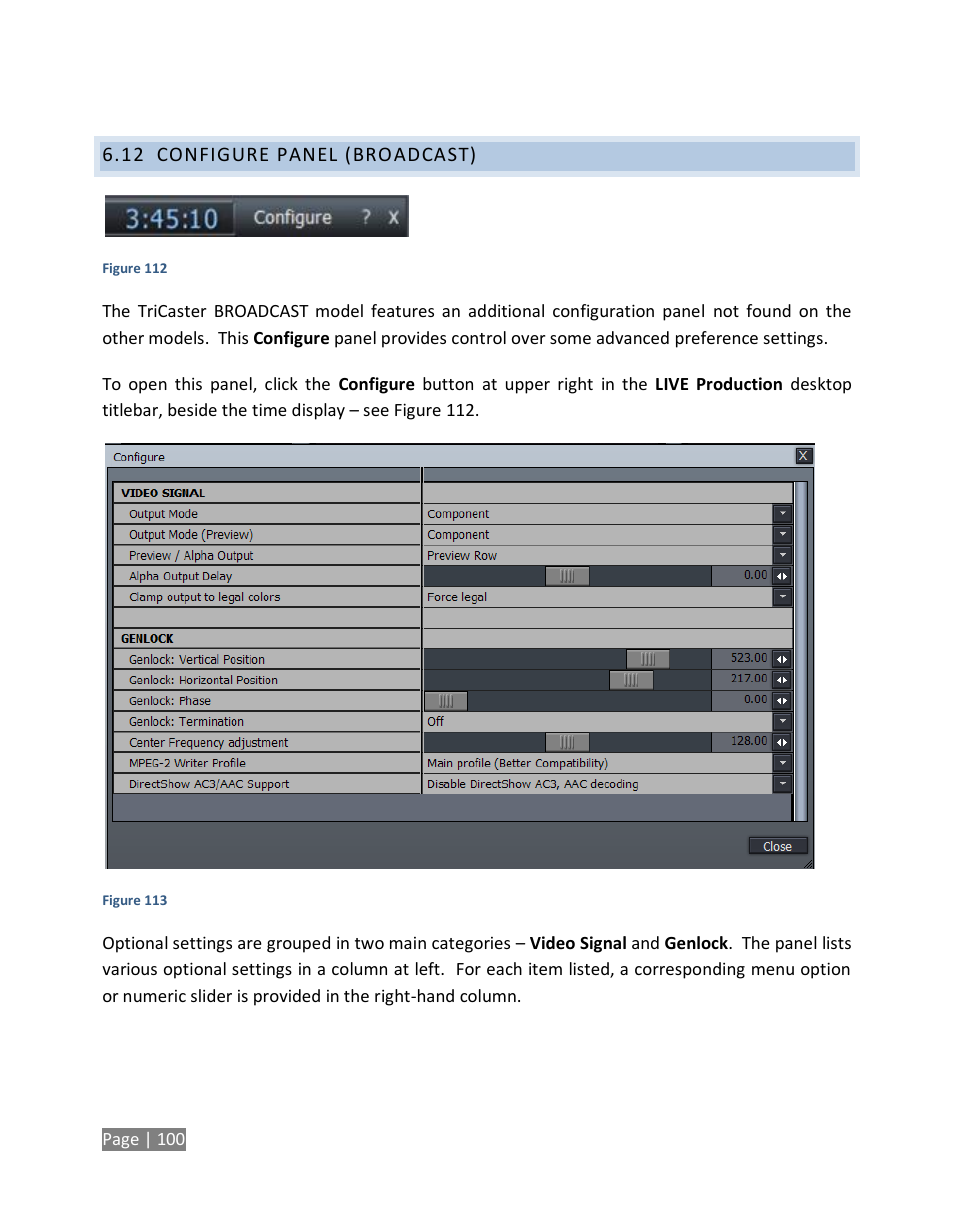 Configure panel (broadcast) | NewTek TriCaster Studio User Manual | Page 120 / 298