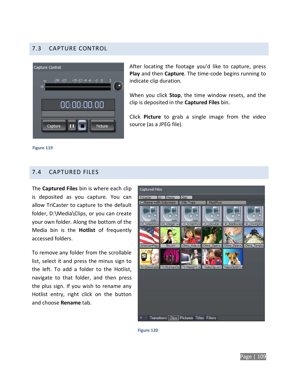 Capture control, Captured files | NewTek TriCaster Studio User Manual | Page 129 / 298