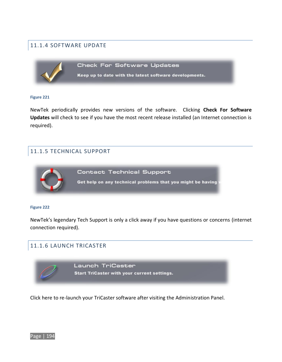 Software update, Technical support, Launch tricaster | NewTek TriCaster Studio User Manual | Page 214 / 298