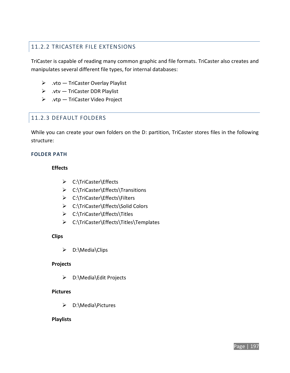 Tricaster file extensions, Default folders | NewTek TriCaster Studio User Manual | Page 217 / 298