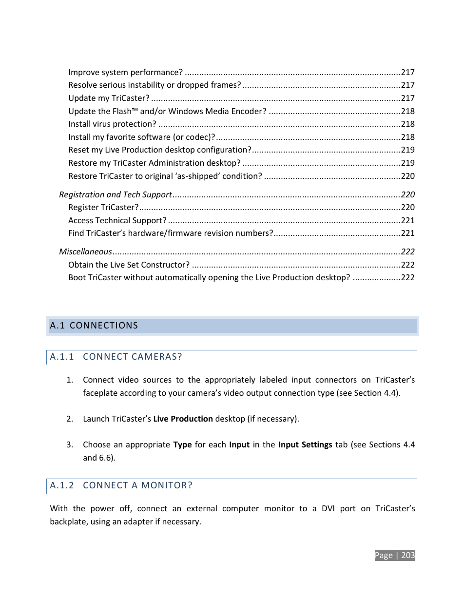 Connections, A.1.1, Connect cameras | A.1.2, Connect a monitor | NewTek TriCaster Studio User Manual | Page 223 / 298