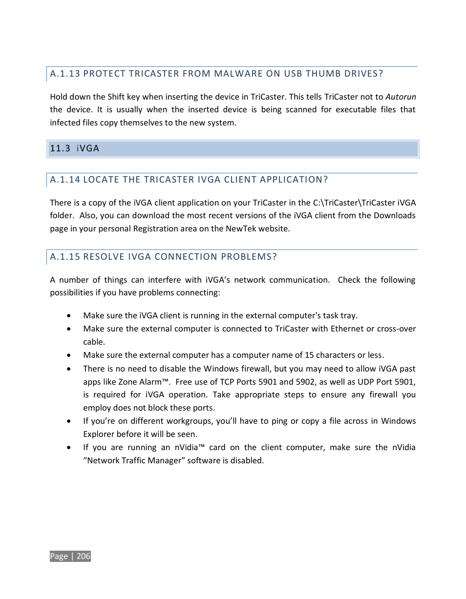 A.1.13, Protect tricaster from malware on usb thumb drives, Ivga | A.1.14, Locate the tricaster ivga client application, A.1.15, Resolve ivga connection problems | NewTek TriCaster Studio User Manual | Page 226 / 298