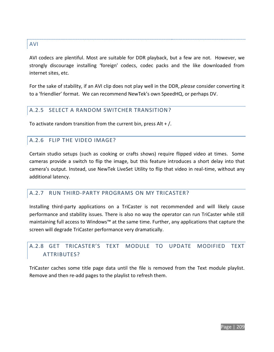 A.2.5, Select a random switcher transition, A.2.6 | Flip the video image, A.2.7, Run third-party programs on my tricaster, A.2.8 | NewTek TriCaster Studio User Manual | Page 229 / 298