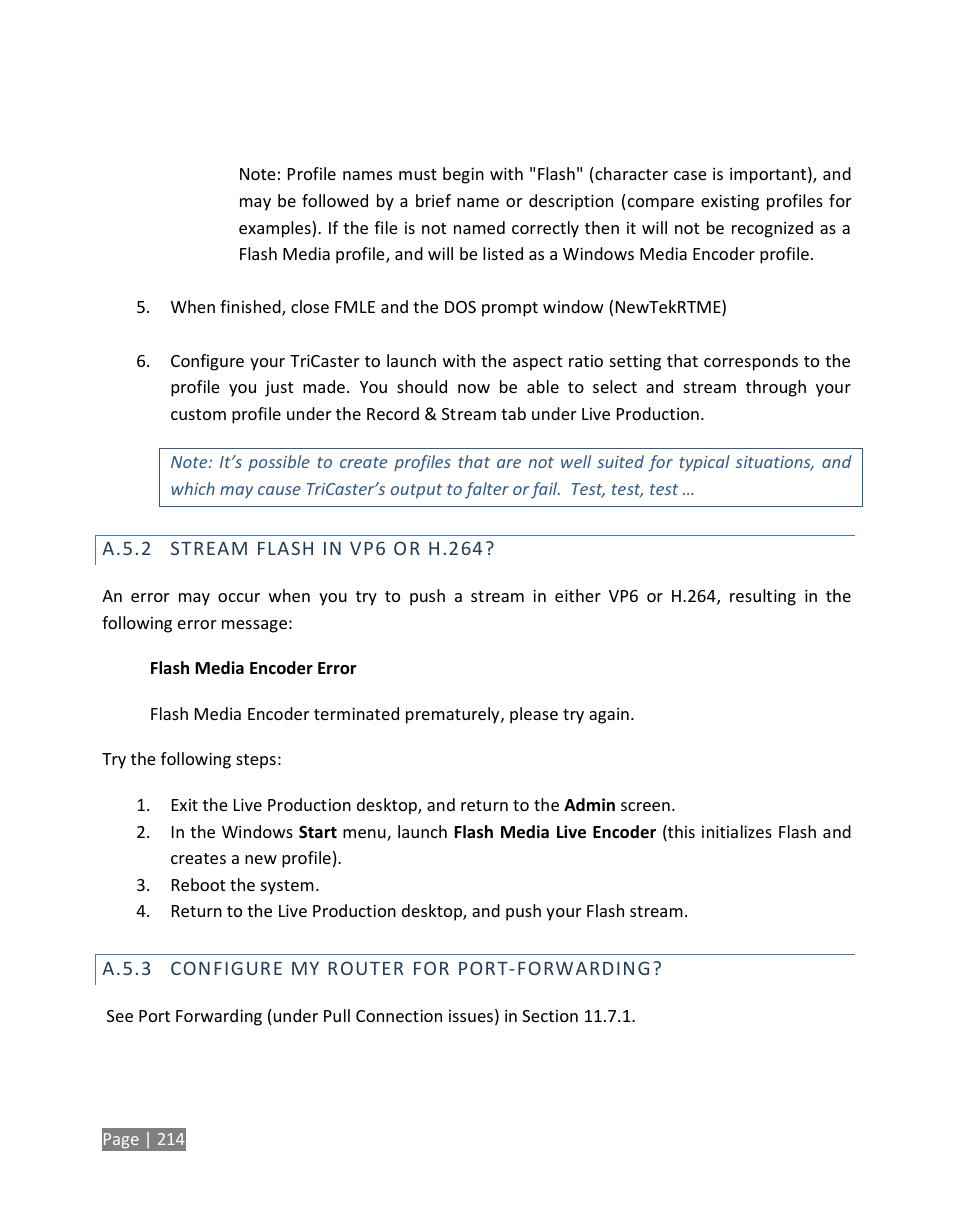 A.5.2, Stream flash in vp6 or h.264, A.5.3 | Configure my router for port-forwarding | NewTek TriCaster Studio User Manual | Page 234 / 298