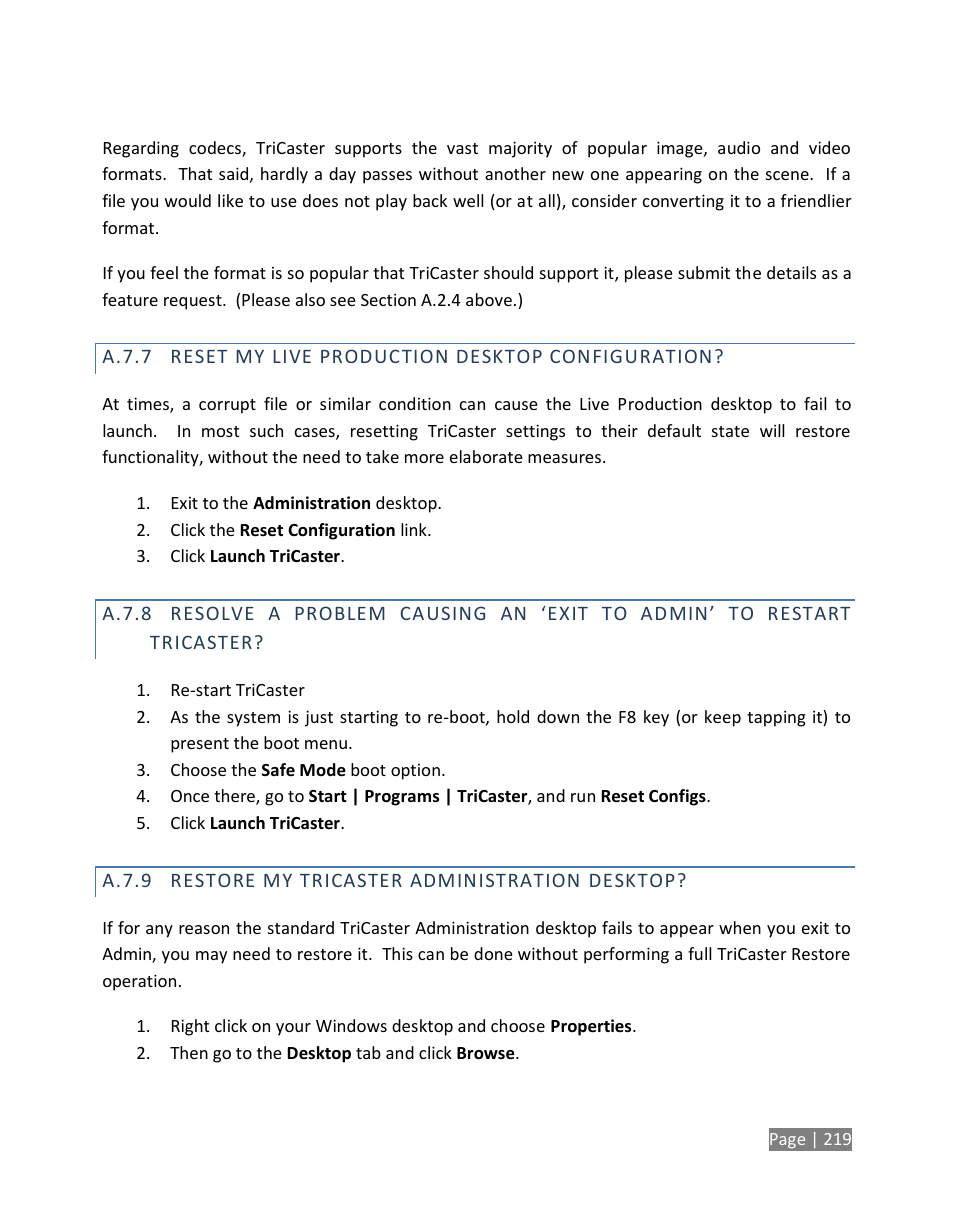 A.7.7, Reset my live production desktop configuration, A.7.8 | A.7.9, Restore my tricaster administration desktop | NewTek TriCaster Studio User Manual | Page 239 / 298