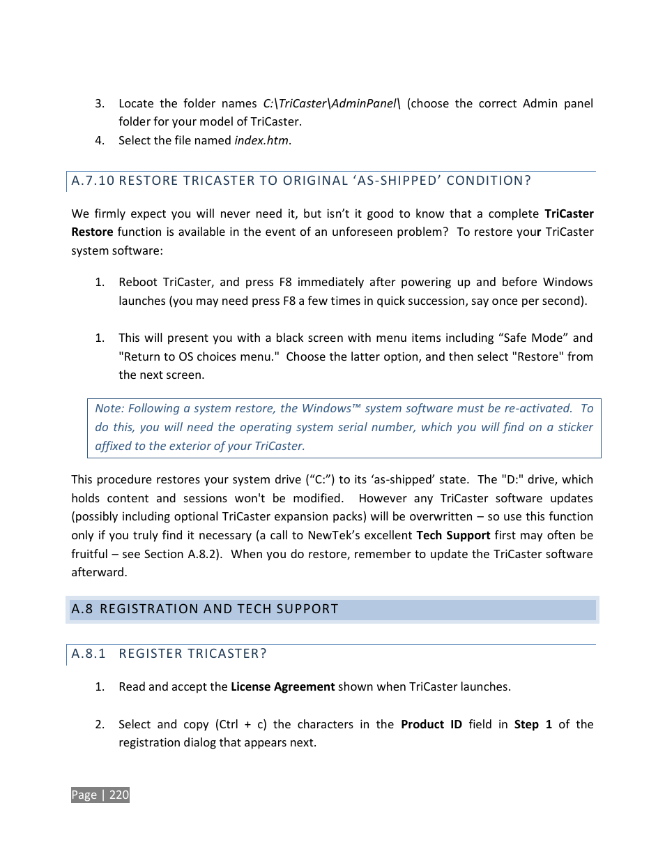 A.7.10, Registration and tech support, A.8.1 | Register tricaster | NewTek TriCaster Studio User Manual | Page 240 / 298