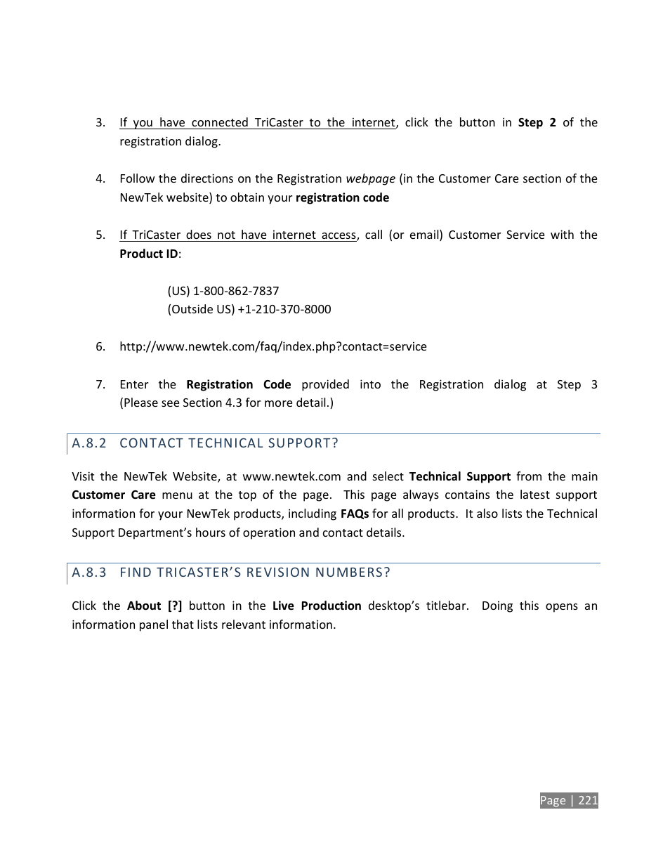 A.8.2, Contact technical support, A.8.3 | Find tricaster’s revision numbers | NewTek TriCaster Studio User Manual | Page 241 / 298