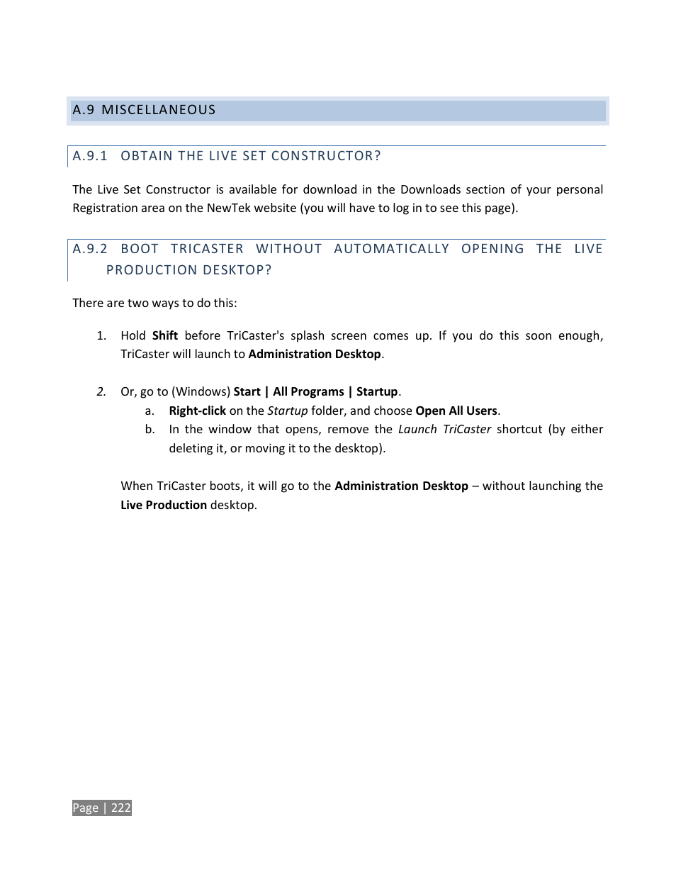 Miscellaneous, A.9.1, Obtain the live set constructor | A.9.2 | NewTek TriCaster Studio User Manual | Page 242 / 298