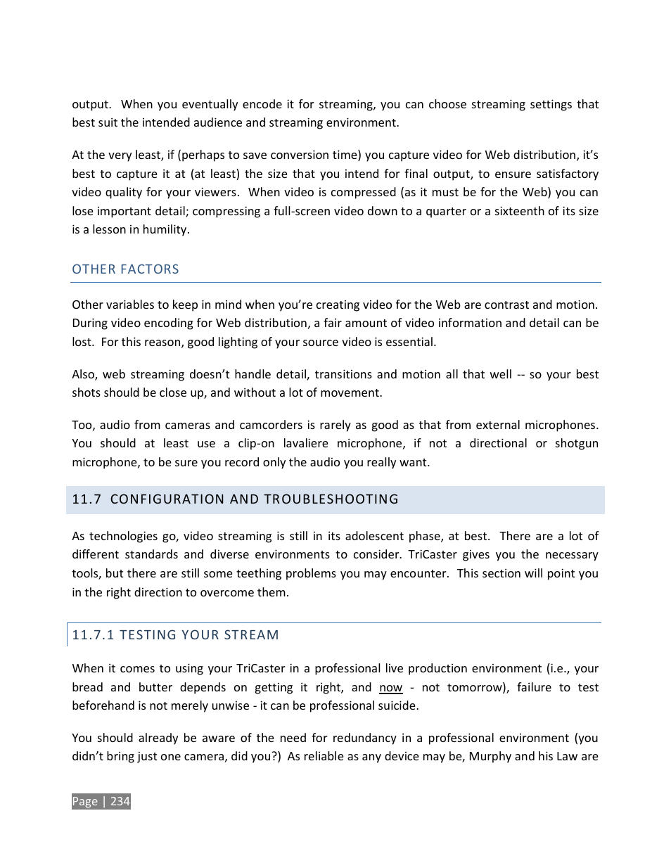 Configuration and troubleshooting, Testing your stream | NewTek TriCaster Studio User Manual | Page 254 / 298