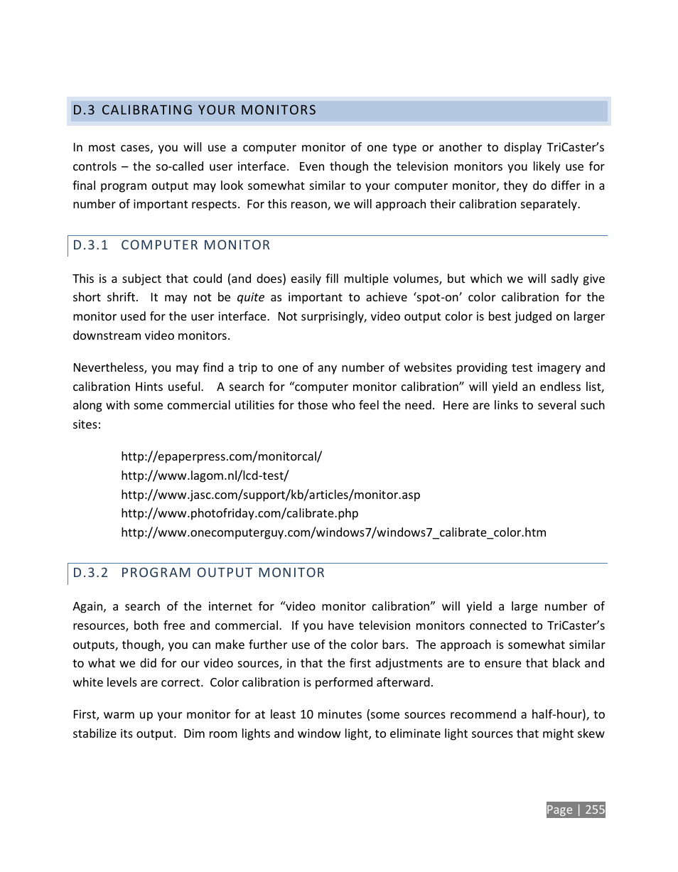 Calibrating your monitors, D.3.1, Computer monitor | D.3.2, Program output monitor | NewTek TriCaster Studio User Manual | Page 275 / 298