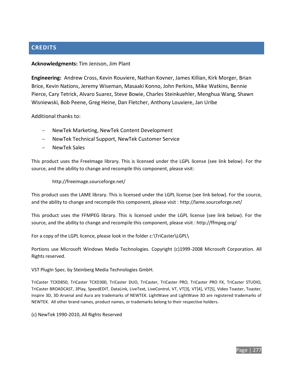 Credits | NewTek TriCaster Studio User Manual | Page 297 / 298