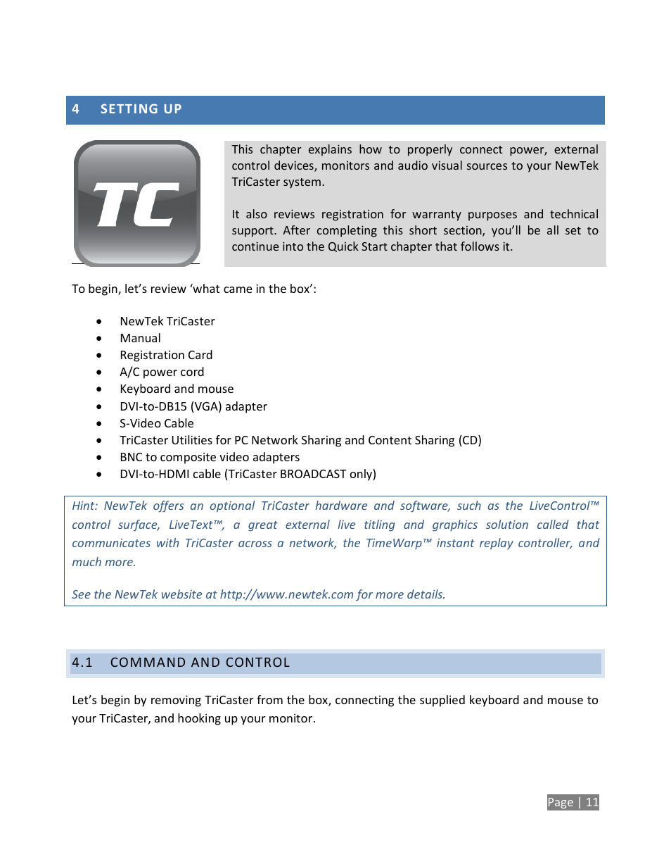 Setting up, Command and control | NewTek TriCaster Studio User Manual | Page 31 / 298