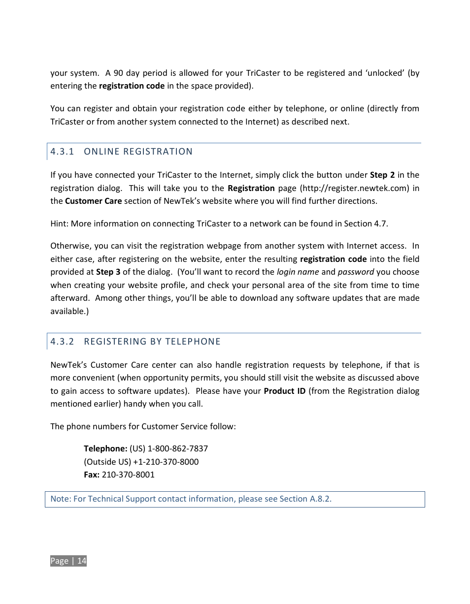 Online registration, Registering by telephone | NewTek TriCaster Studio User Manual | Page 34 / 298