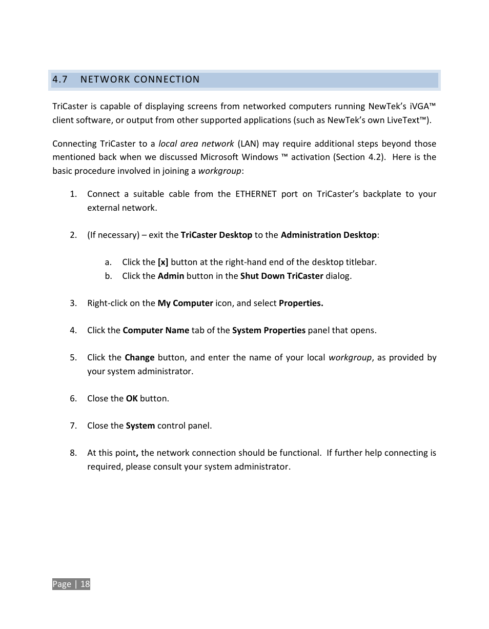 Network connection | NewTek TriCaster Studio User Manual | Page 38 / 298