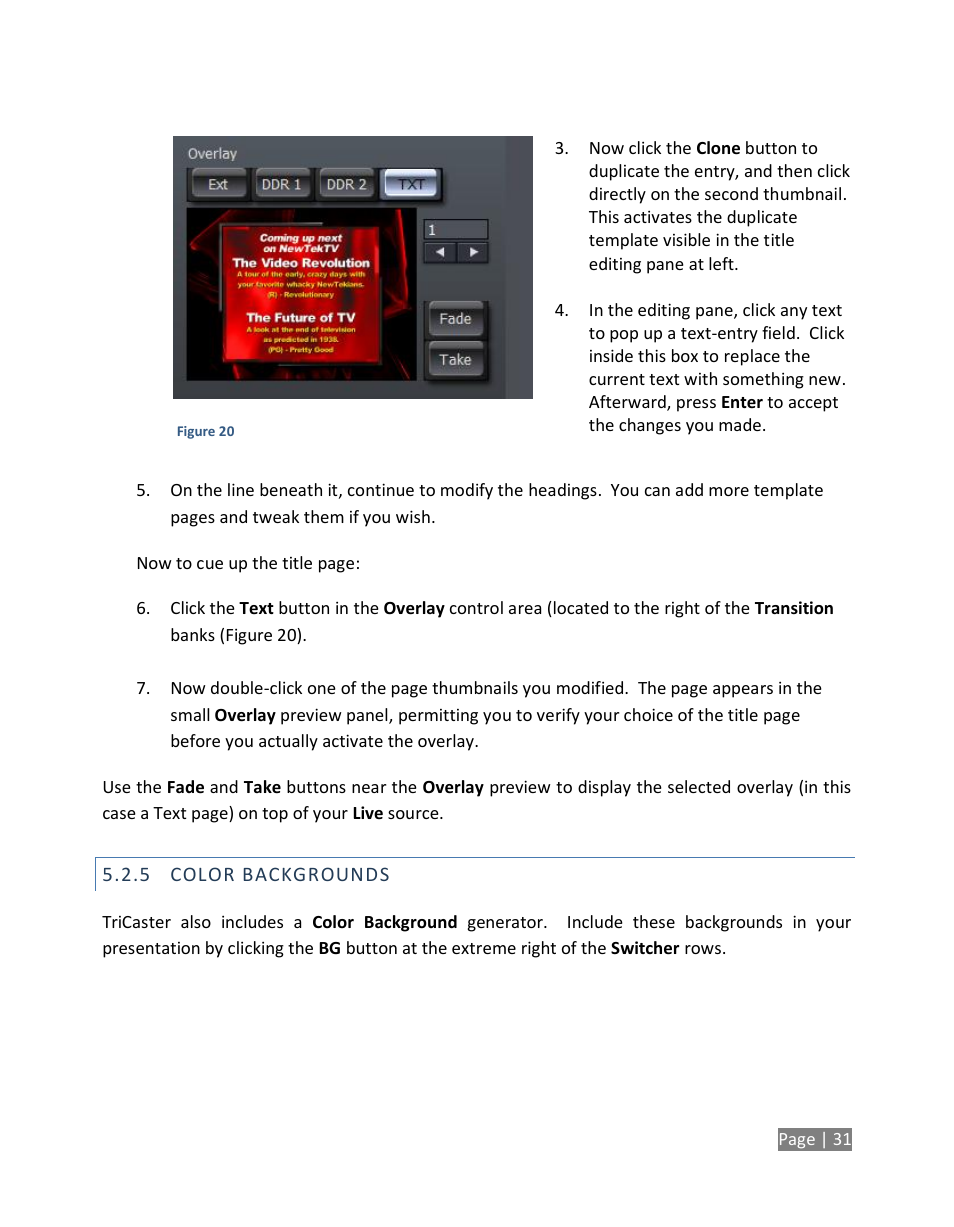 Color backgrounds | NewTek TriCaster Studio User Manual | Page 51 / 298