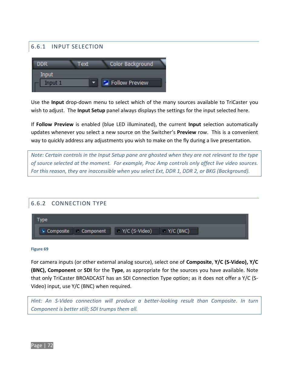 Input selection, Connection type | NewTek TriCaster Studio User Manual | Page 92 / 298