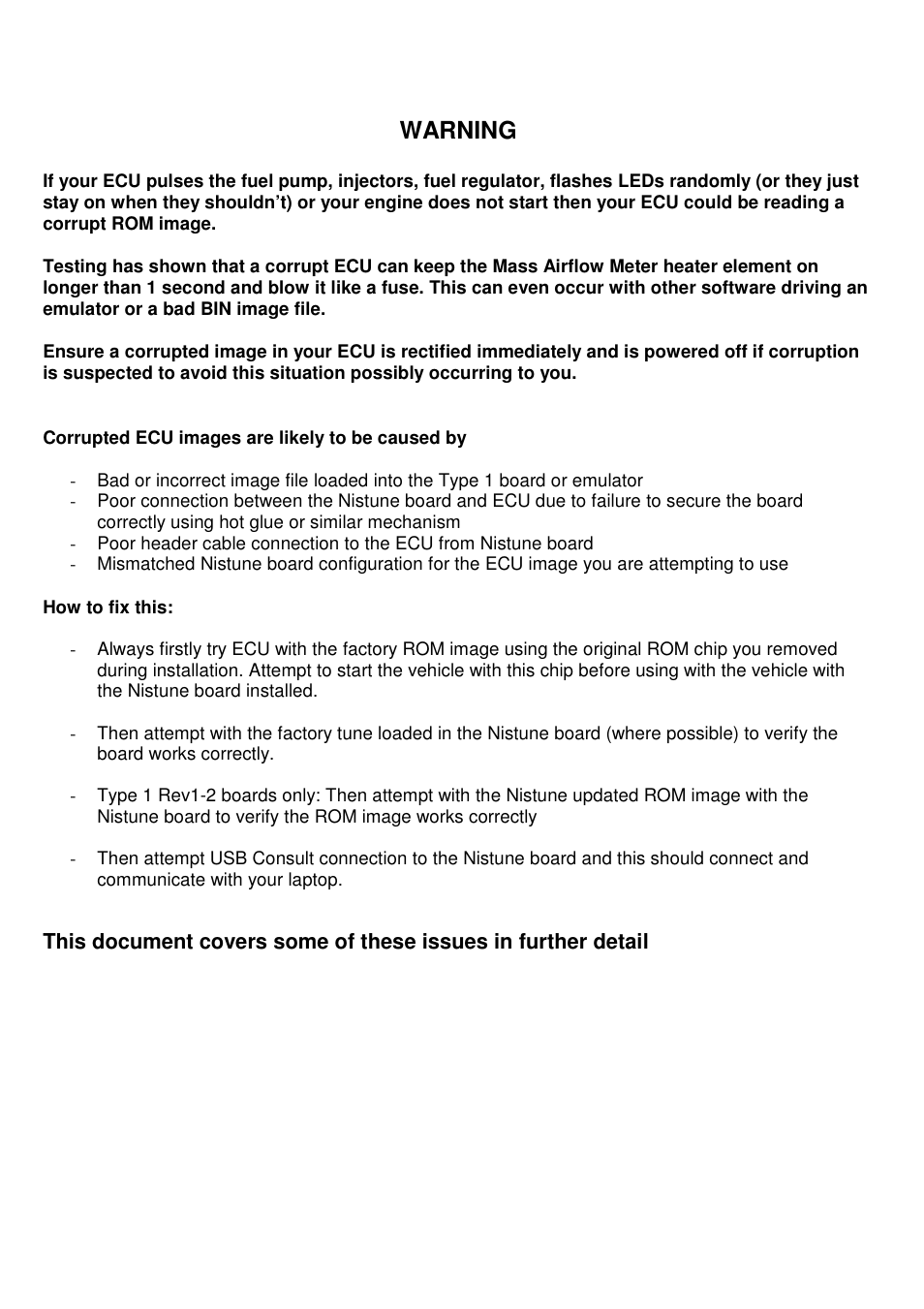 Warning | NIStune Type 1 Diagnostics User Manual | Page 2 / 13