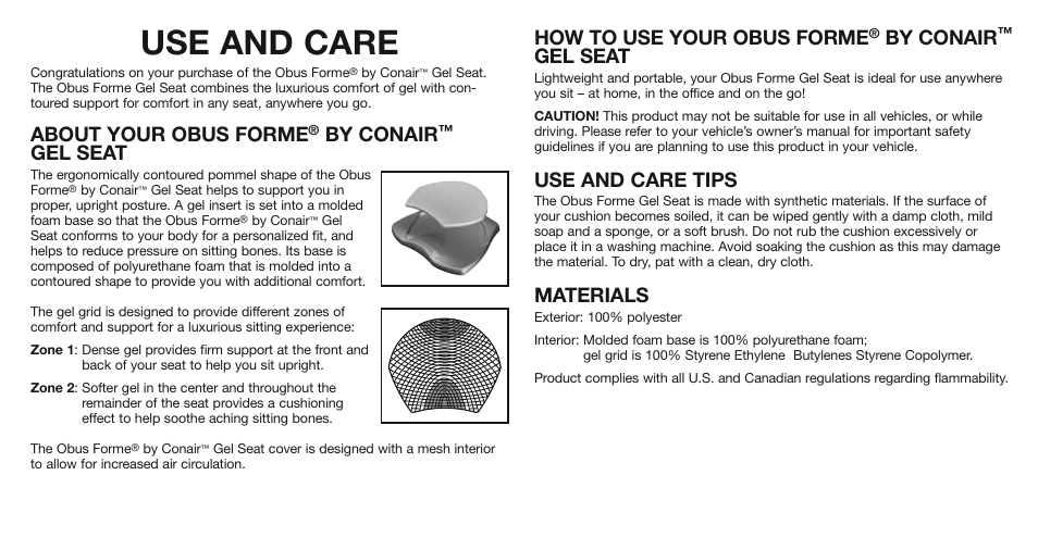 Conair Obus Forme Gel Seat GSE1 User Manual | 2 pages