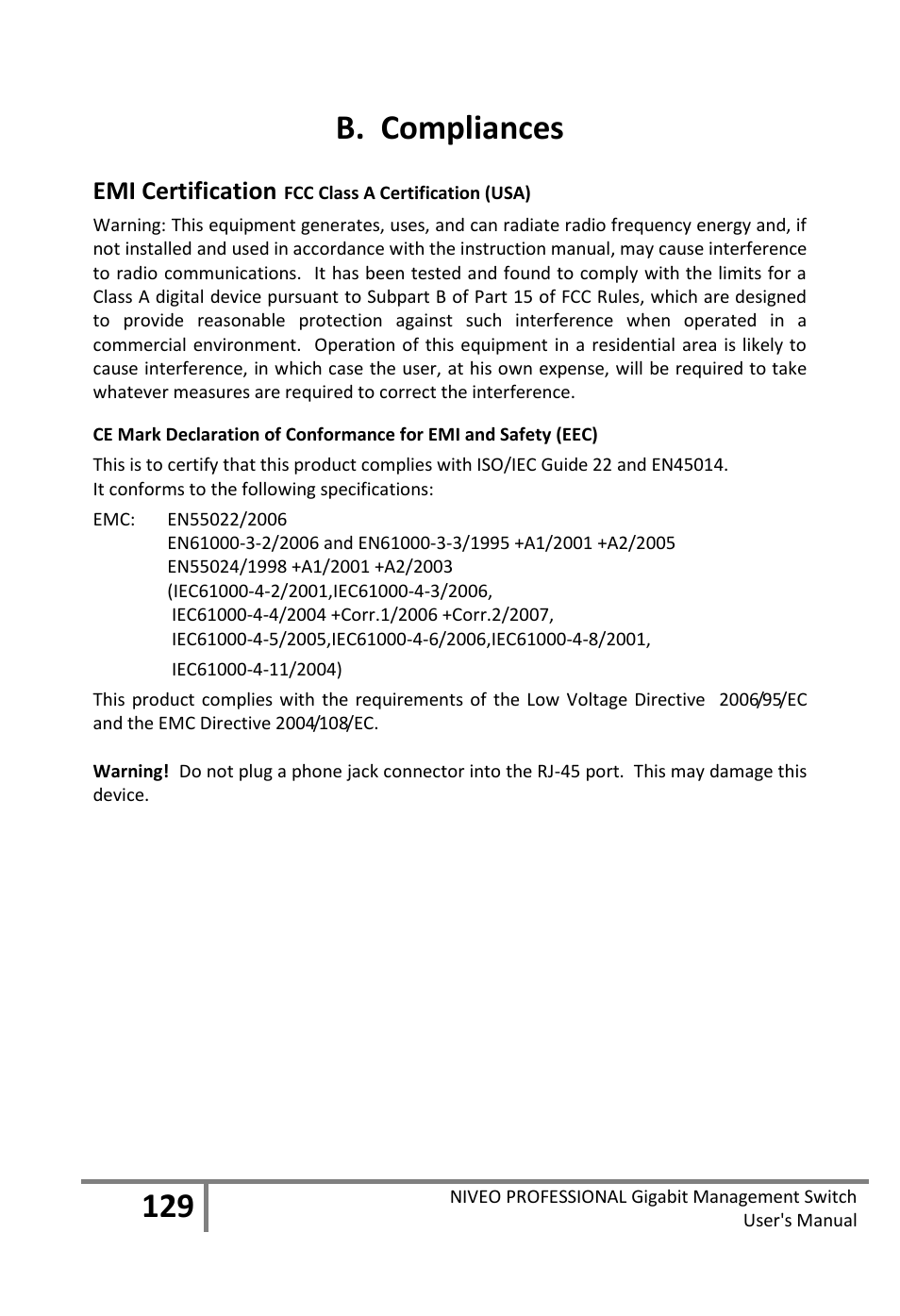 B. compliances, Emi certification | Niveo Professional NGS16TP User Manual | Page 133 / 134