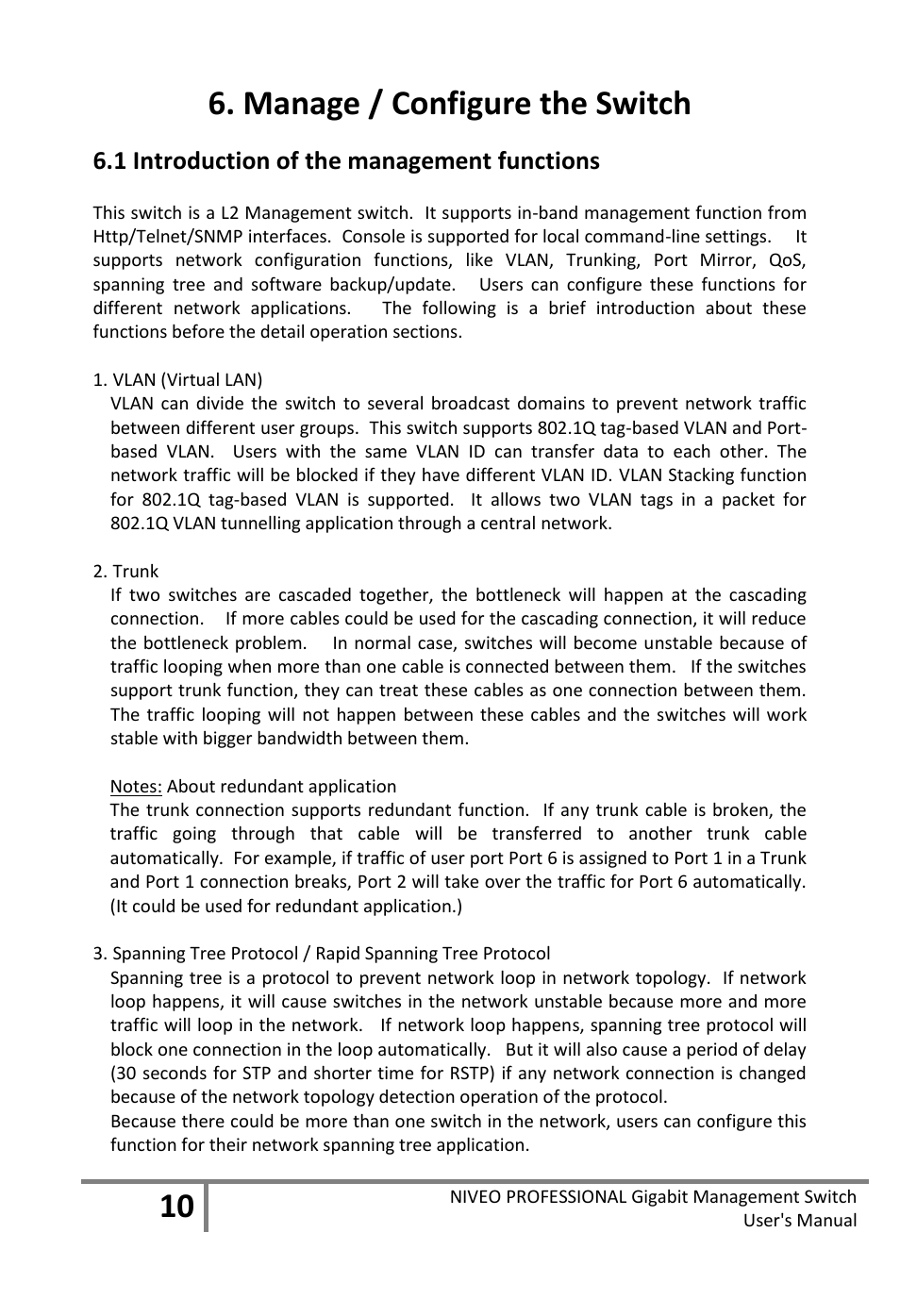 Manage / configure the switch, Ntroduction of the management functions | Niveo Professional NGS16TP User Manual | Page 14 / 134
