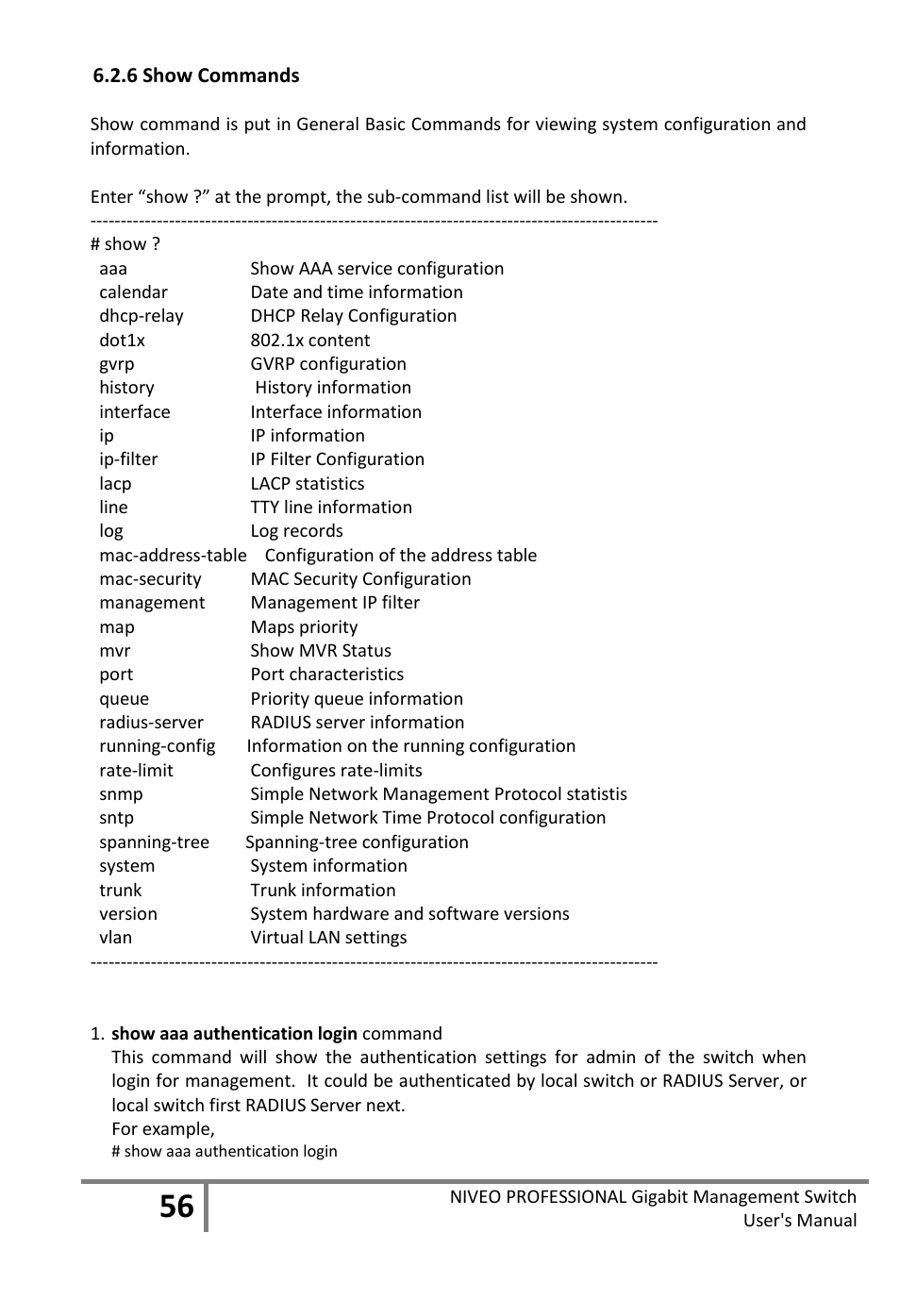 6 show commands | Niveo Professional NGS16TP User Manual | Page 60 / 134