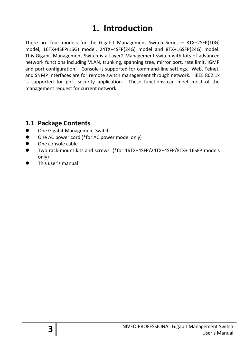 Introduction, Ackage, Ontents | 1 package contents | Niveo Professional NGS16TP User Manual | Page 7 / 134