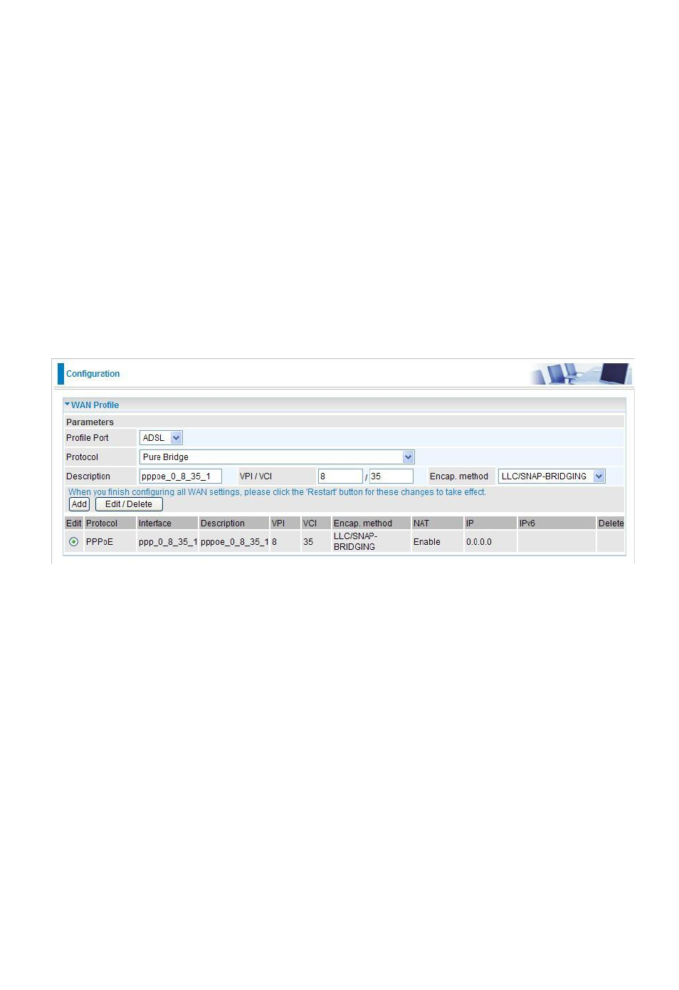 Pure bridge connections (adsl), Wan profile, Main port (ewan) | Niveo Professional NWAR33P User Manual | Page 100 / 155