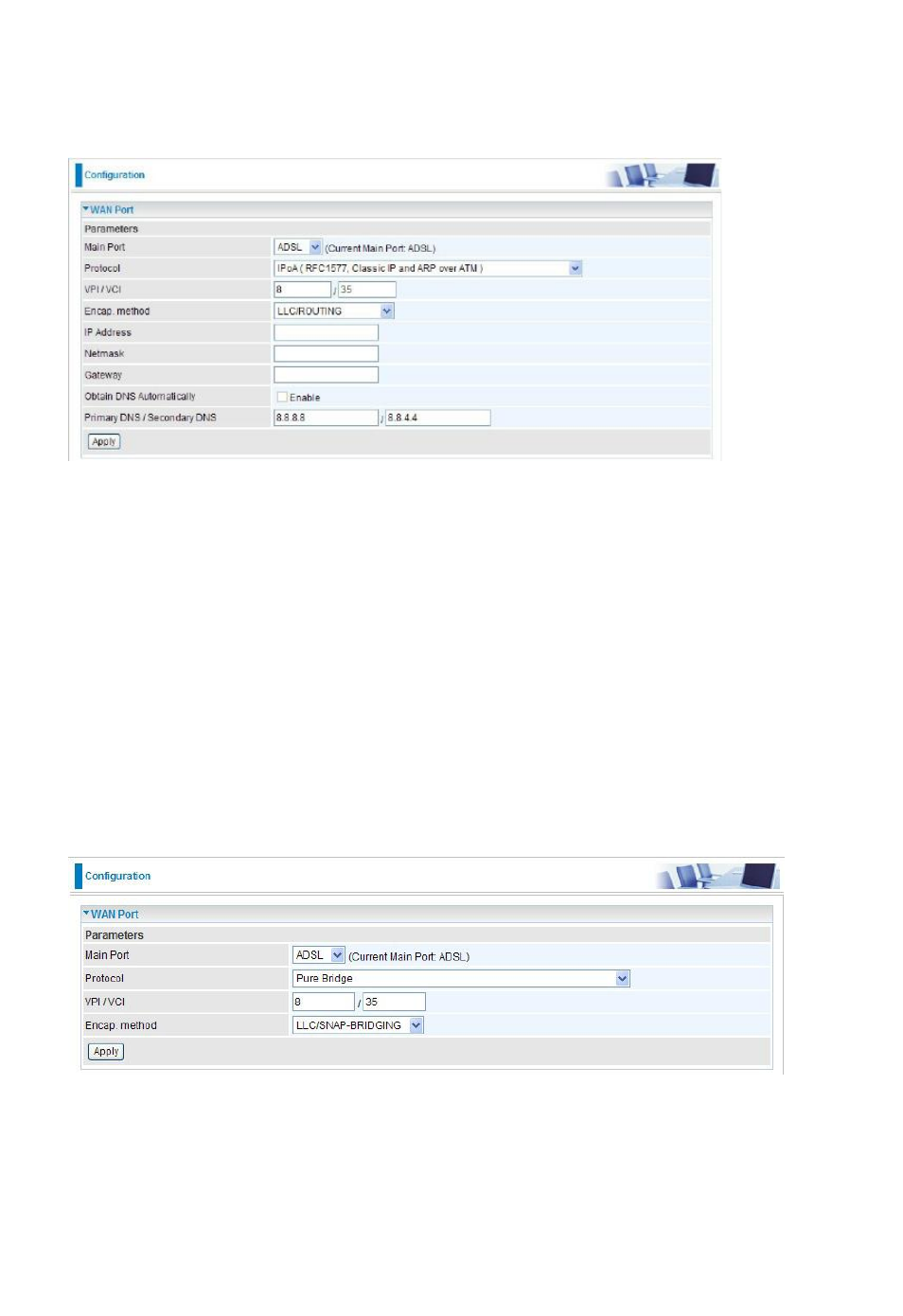 Ipoa connections (adsl), Pure bridge connections (adsl) | Niveo Professional NWAR33P User Manual | Page 57 / 155