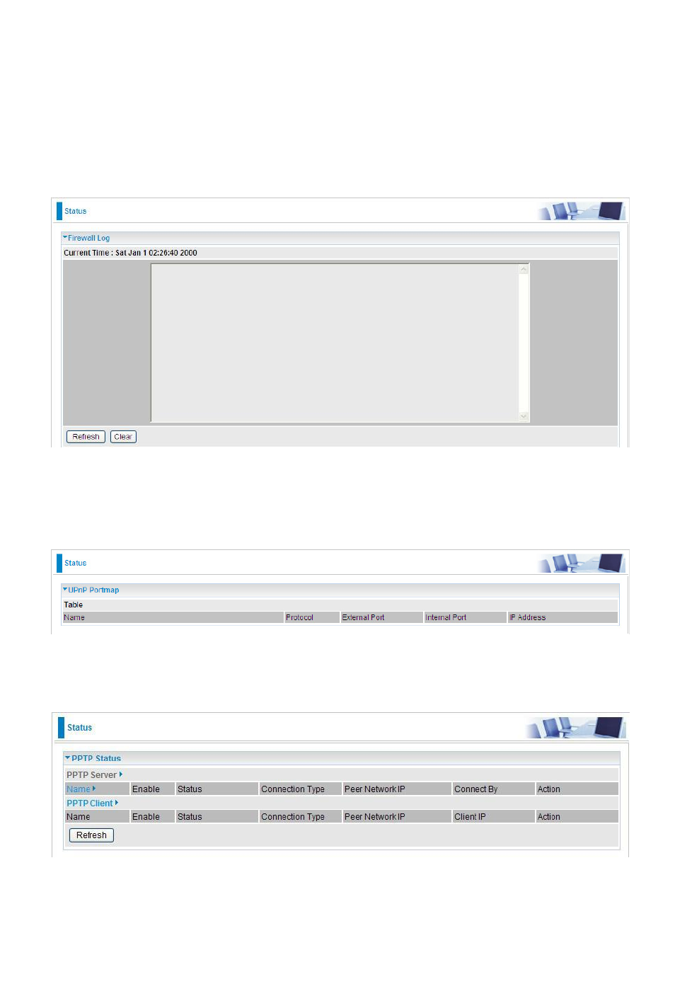 Firewall log, Upnp portmap, Pptp status | Niveo Professional NWAR33P User Manual | Page 71 / 155