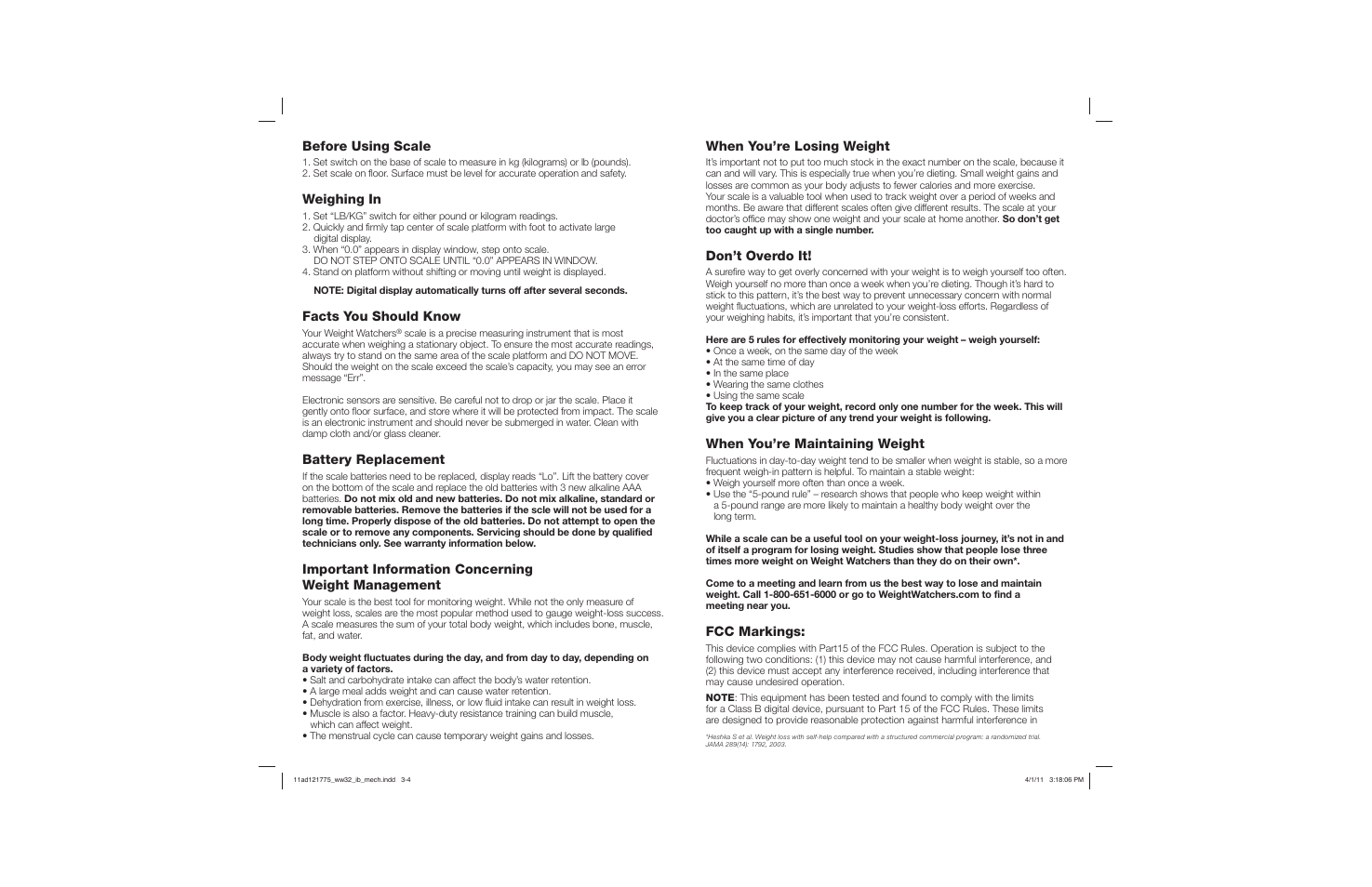 When you’re losing weight, Don’t overdo it, When you’re maintaining weight | Fcc markings, Before using scale, Weighing in, Facts you should know, Battery replacement, Important information concerning weight management | Conair WW32 User Manual | Page 2 / 2