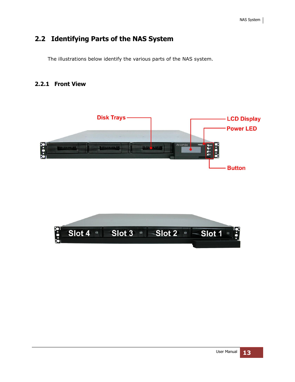 2 identifying parts of the nas system, 1 front view | Niveo Professional NNAS-R4 User Manual | Page 13 / 189