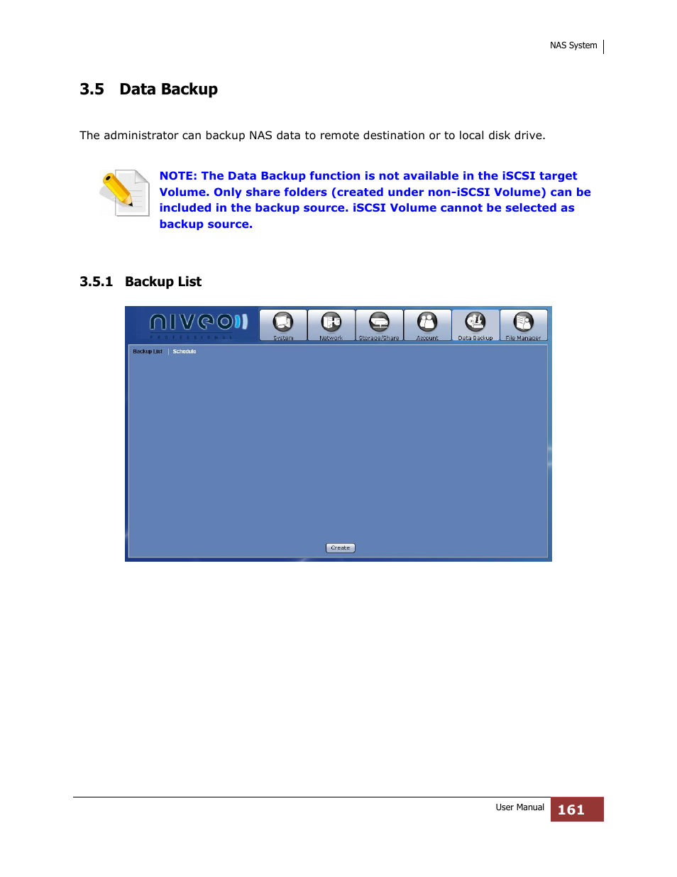 Data backup, 1 backup list, 5 data backup | Niveo Professional NNAS-R4 User Manual | Page 161 / 189