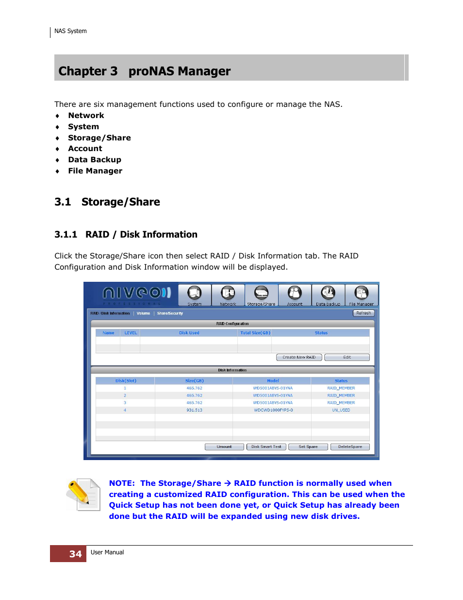 Chapter 3 pronas manager, Storage/share, 1 raid / disk information | 1 storage/share | Niveo Professional NNAS-R4 User Manual | Page 34 / 189