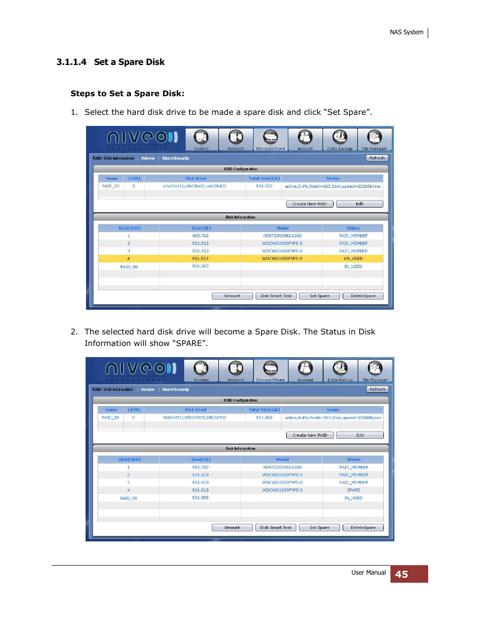 4 set a spare disk | Niveo Professional NNAS-R4 User Manual | Page 45 / 189