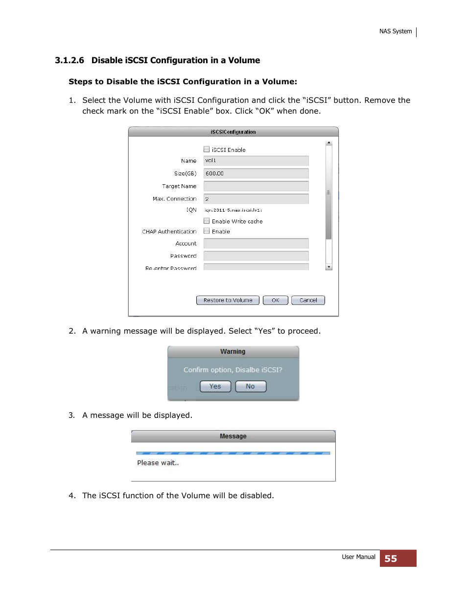 6 disable iscsi configuration in a volume | Niveo Professional NNAS-R4 User Manual | Page 55 / 189