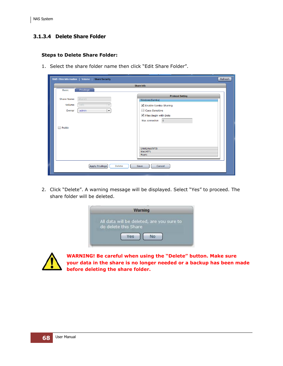 4 delete share folder | Niveo Professional NNAS-R4 User Manual | Page 68 / 189