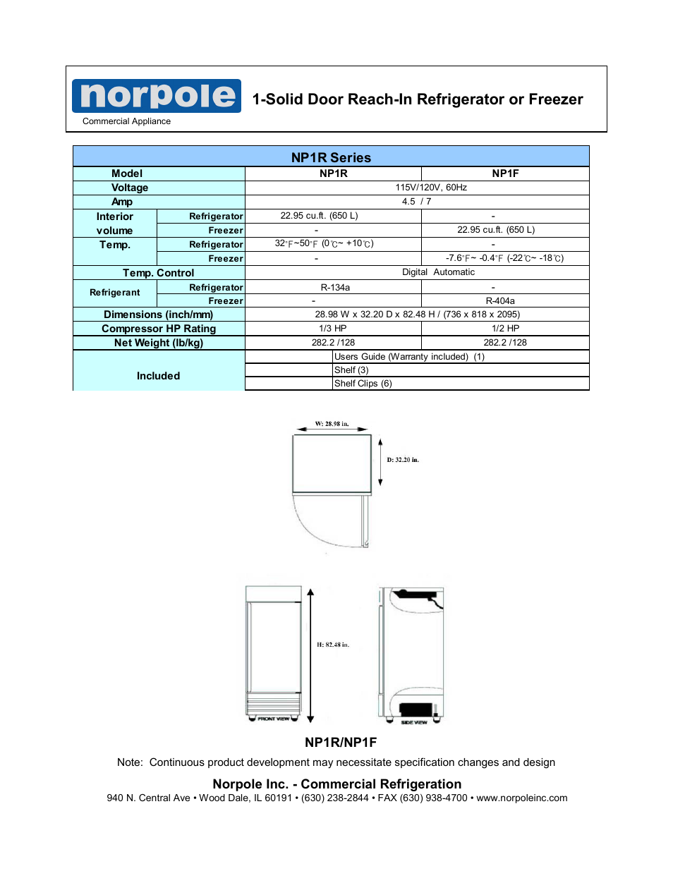 Solid door reach-in refrigerator or freezer, Np1r series, Norpole inc. - commercial refrigeration | Np1r/np1f | Norpole NP1R User Manual | Page 2 / 2